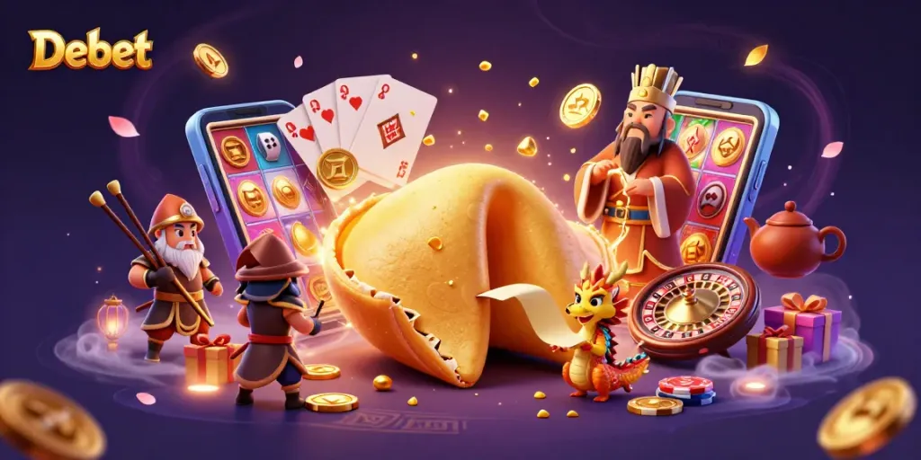 Engage with Debet through thrilling slot games featuring a golden fortune cookie and a wise dragon.