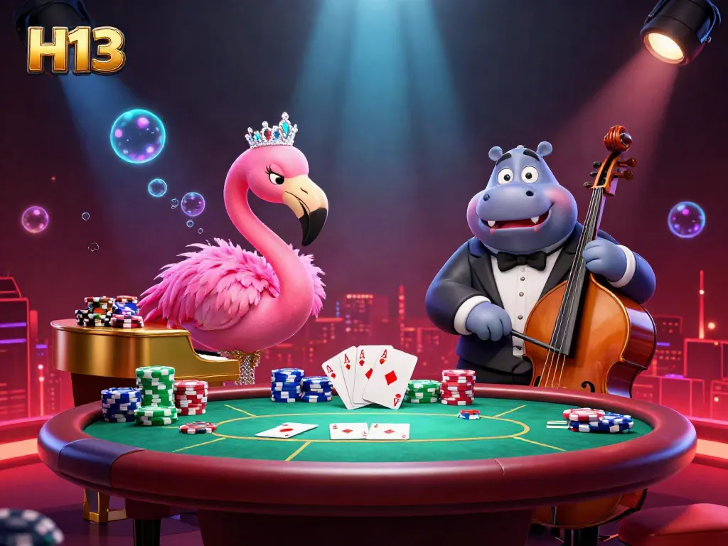 Experience thrilling casino action with H13 as a flamingo singer and hippo bassist entertain amidst poker chips and playing cards.