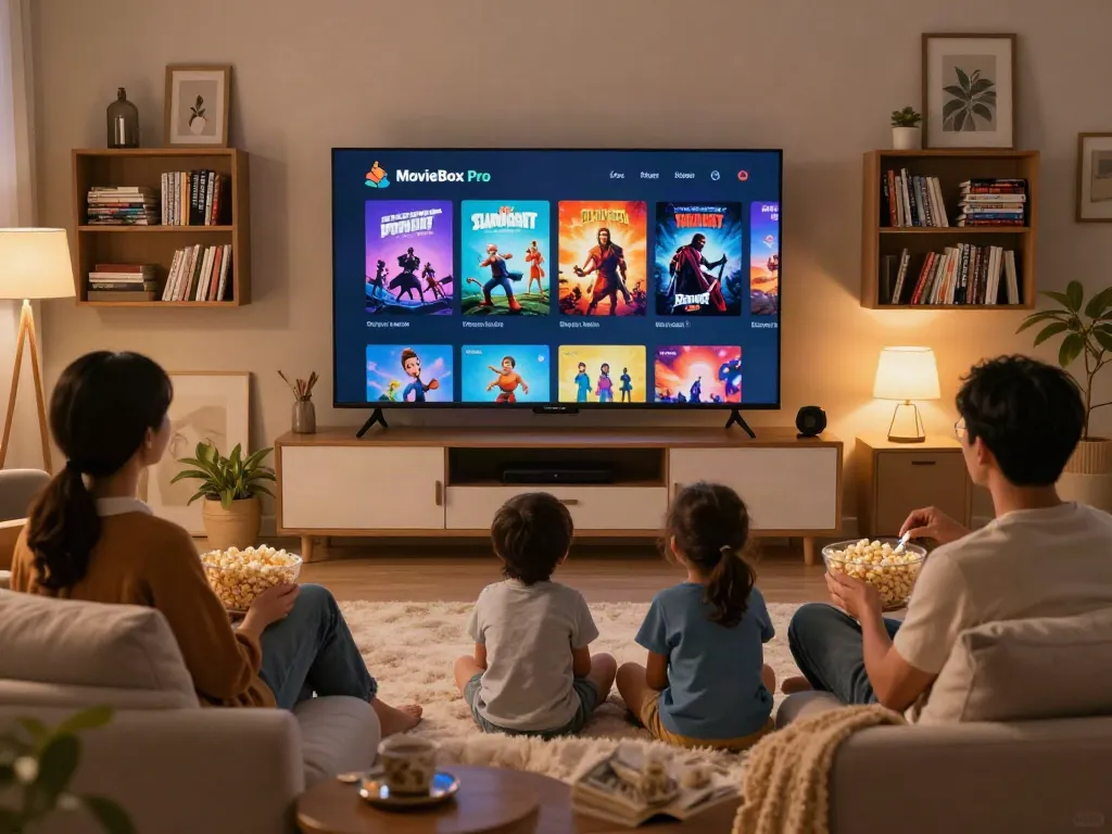 Family enjoying a movie night with MovieBox Pro app on their official website in a cozy living room.