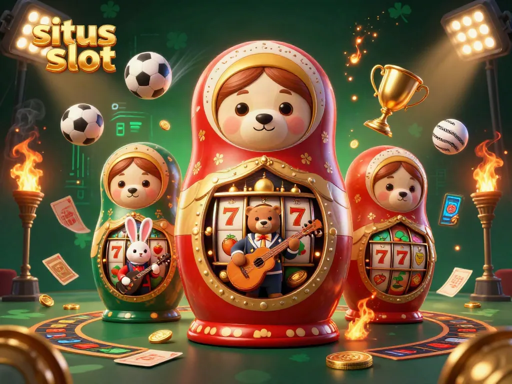 Engage with situs slot action in a vibrant, crowded casino scene, featuring Matryoshka bears and slot symbols.