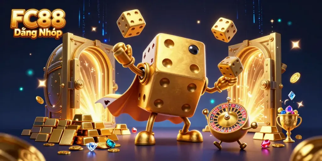Engage with the excitement of FC88 Đăng Nhập as golden dice juggle amidst a treasure sea, enhancing your gaming experience.