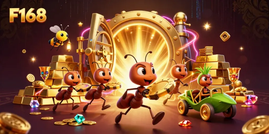 F168 ants heist scene capturing a massive poker chip while exploring a treasure vault.