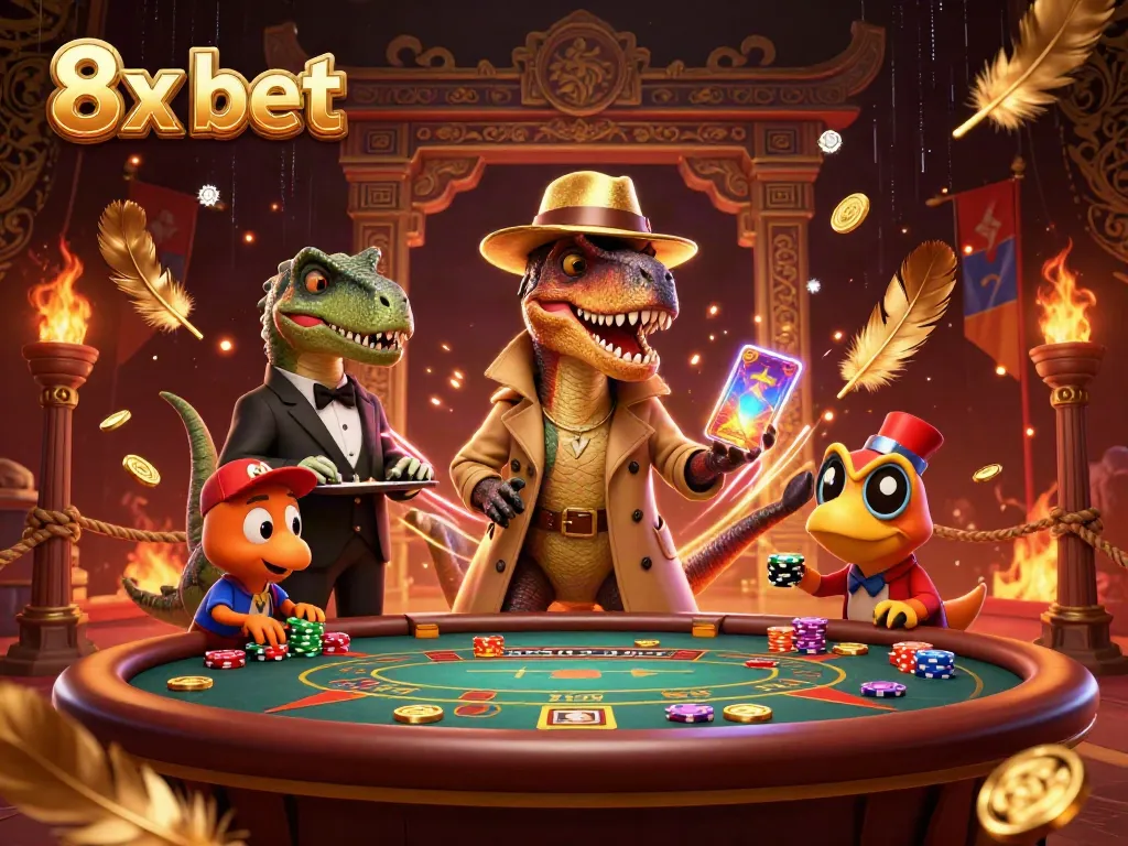 Experience the excitement of 8x bet with a cartoon velociraptor card counter at a blackjack table.