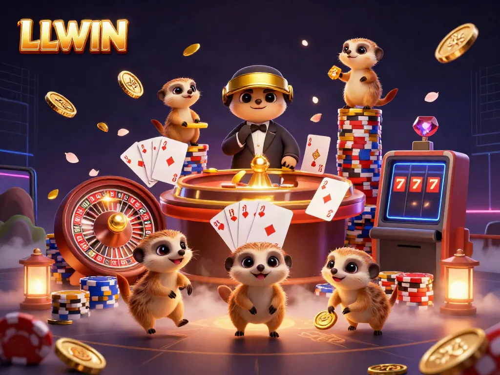 LLWIN meerkats run a dynamic casino scene with golden coins and lively game elements.