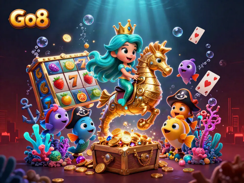 Experience thrilling Go8 action in this vibrant underwater casino illustration.