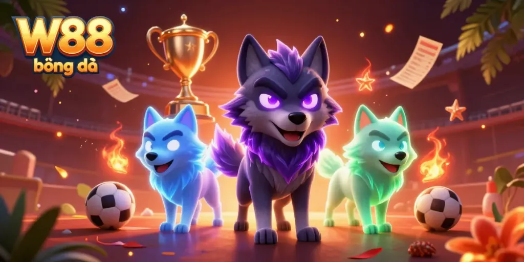 Engage in W88 bóng đá betting action with vibrant sports elements, glowing wolf leader, and dynamic visuals.