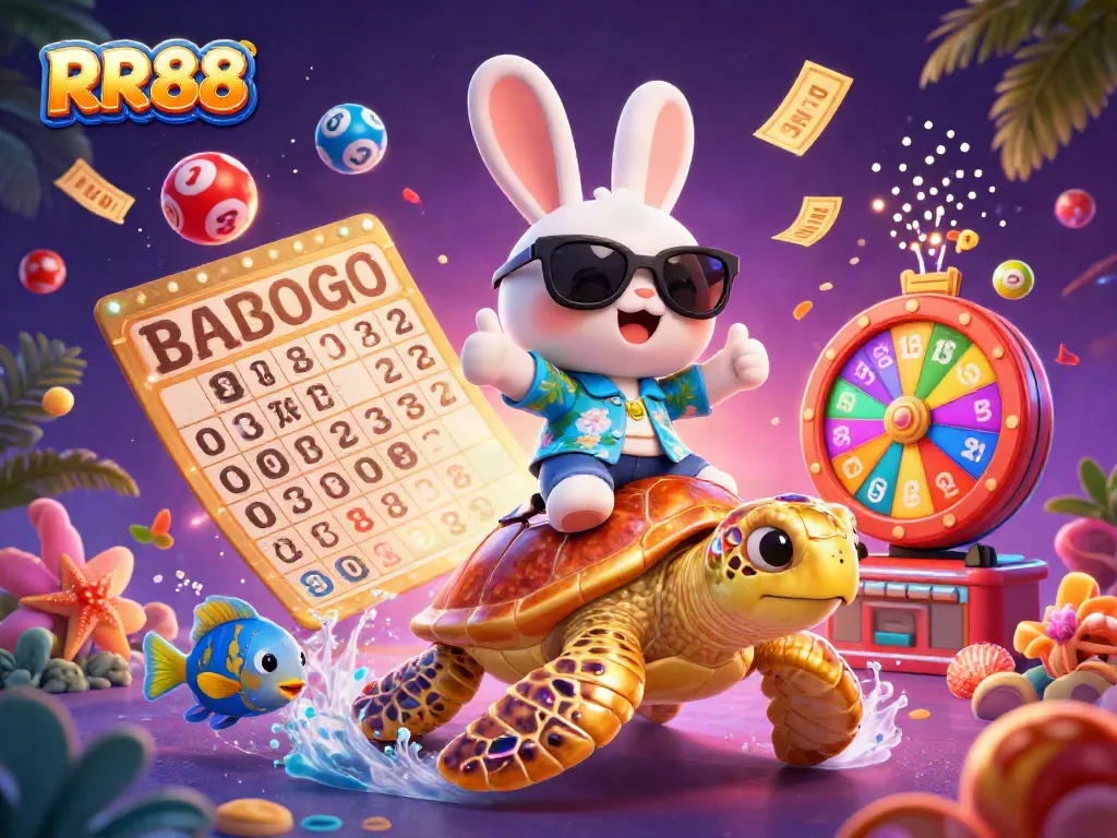RR88's vibrant 3D illustration with lucky rabbit and sea turtle amidst casino elements showcases exciting gaming experience.