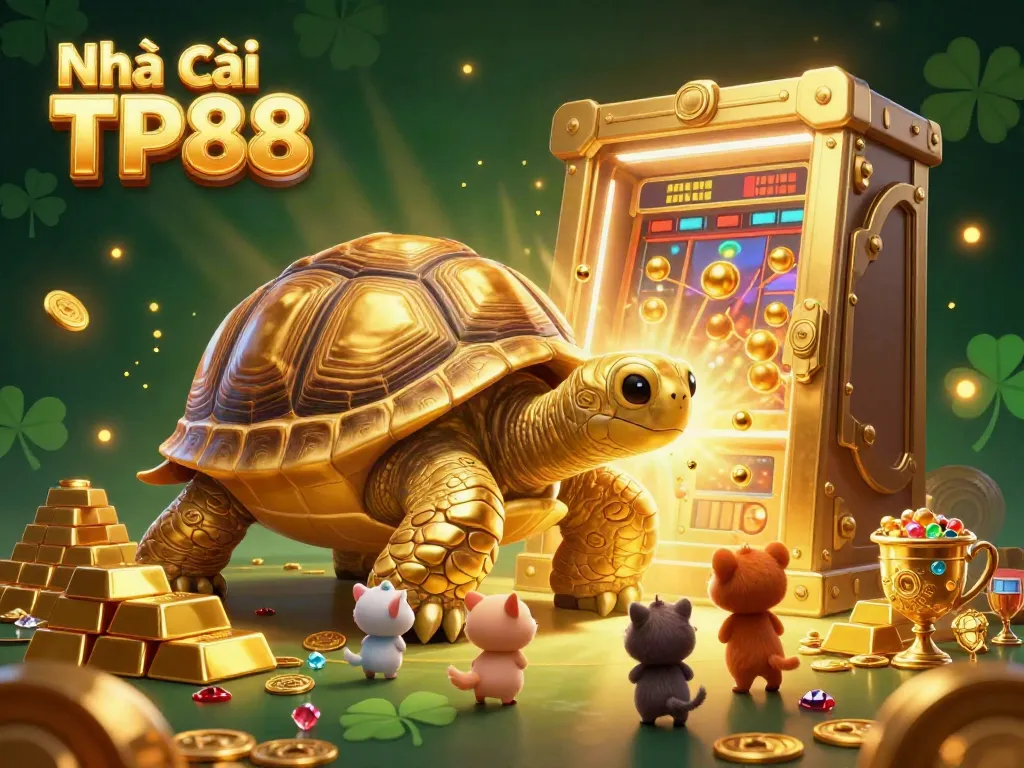 Experience the thrill of Nhà cái TP88 with a vibrant golden pinball tortoise amid treasures, bringing excitement to online gaming.