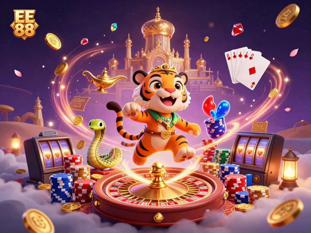 Engage in the magical world of EE 88 with a vibrant illustration of a sultan on a flying carpet amidst golden coins and casino elements.