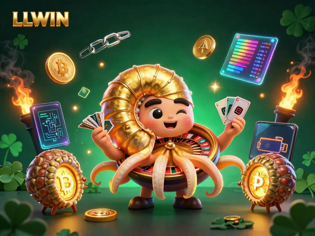 Engage with LLWIN's thrilling gambling universe featuring a giant nautilus roulette wheel and cryptocurrency elements.