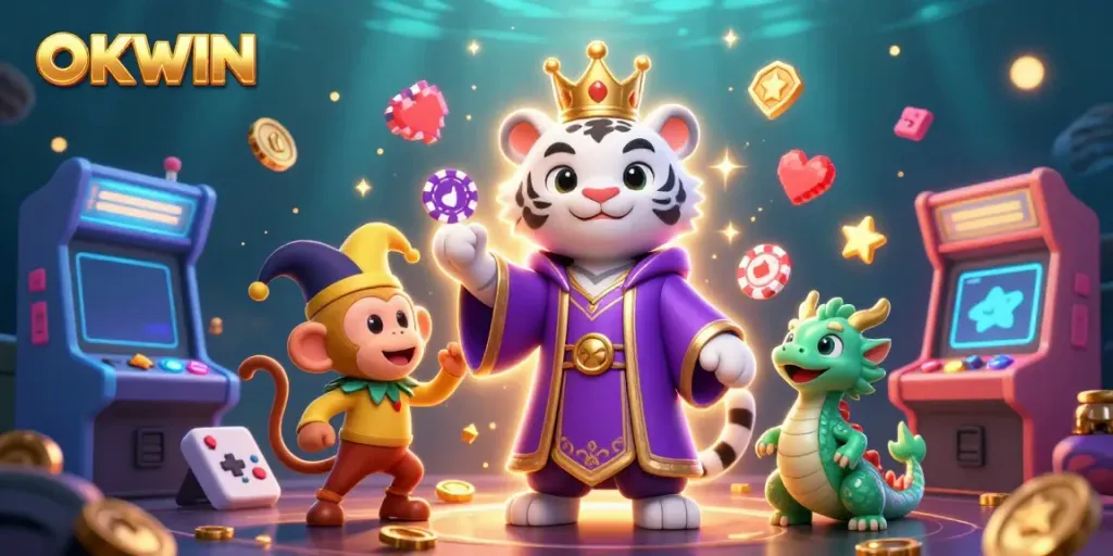 Engage with OKWIN's vibrant casino world featuring cartoon characters amidst dynamic gaming elements.