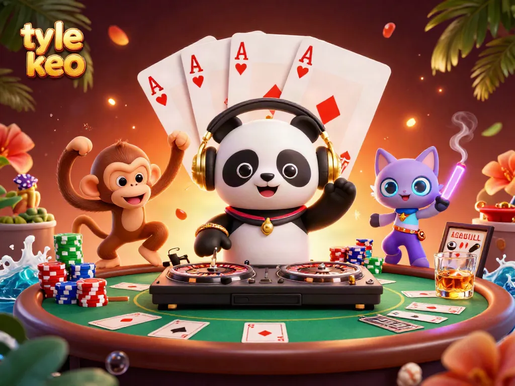 Spin the odds with ty le keo while enjoying a vibrant casino party scene featuring playful characters.