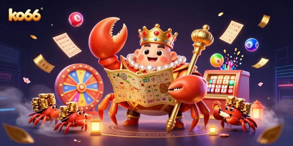 Explore vibrant gaming elements and a golden crab emperor in a dynamic ko66 casino scene.