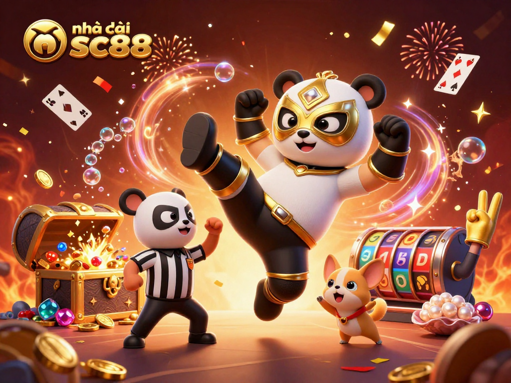 Witness the vibrant action at nhà cái sc88 with a dynamic illustration of a panda wrestler and animal spectators.