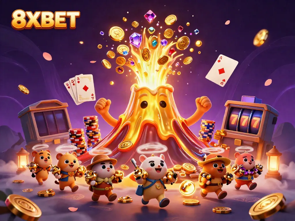 Experience thrilling prizes at 8XBET with erupting golden volcano and treasure in a vibrant casino scene.