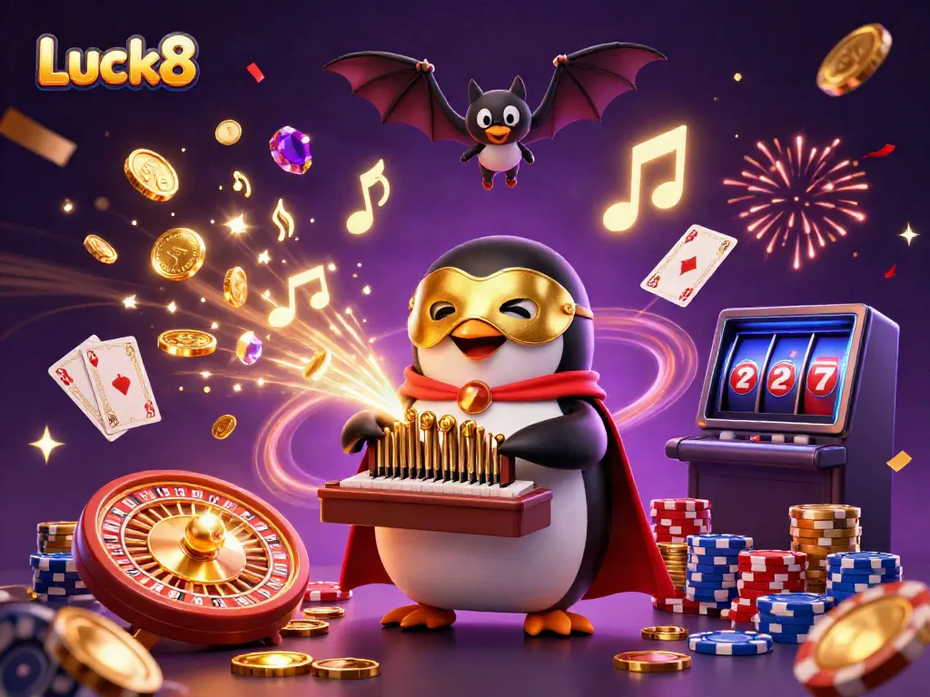 Luck8's vibrant casino scene, featuring a cartoon penguin playing the organ with golden coins flying around.
