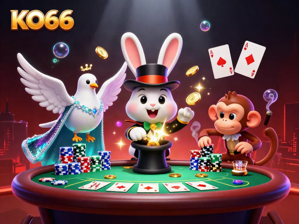 Experience the magic with KO66, where a cartoon magician rabbit pulls gold coins amidst poker excitement.