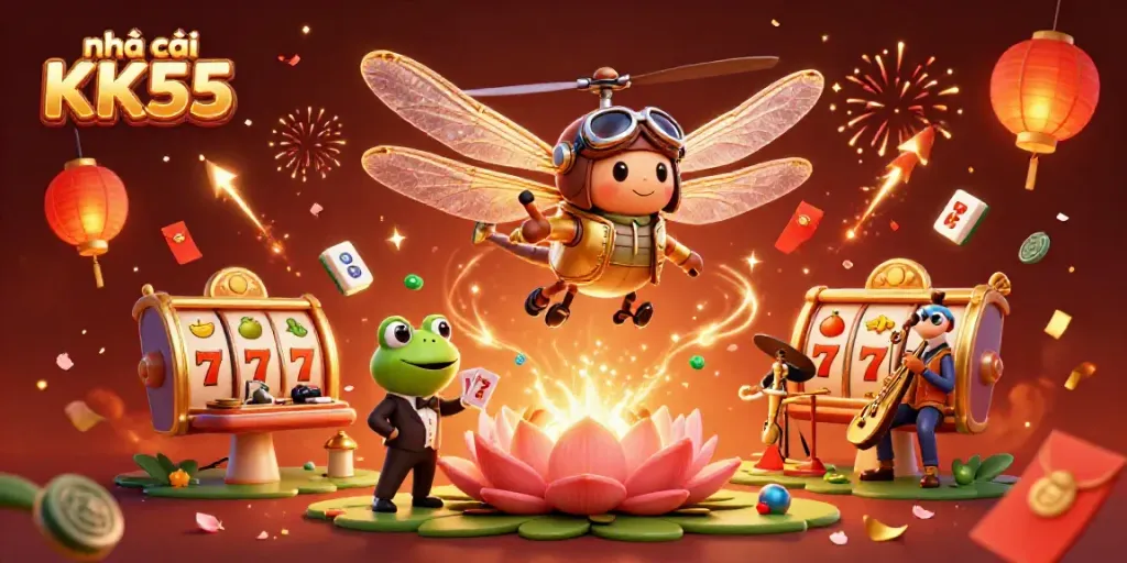 Engaging scene depicting nhà cái KK55 with a dragonfly pilot and a frog croupier at a lily pad casino.