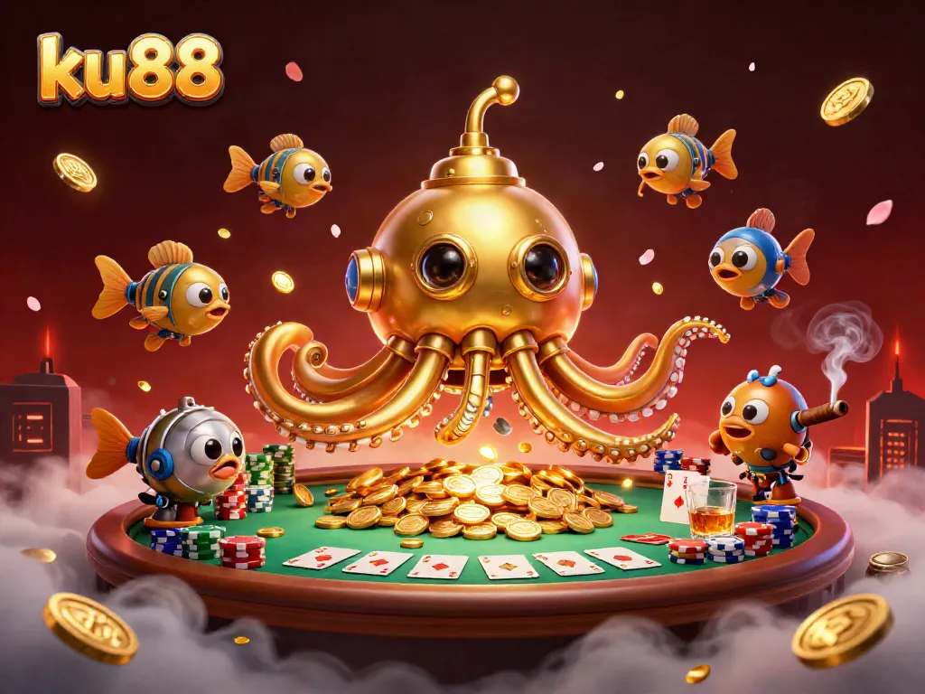 ku88 showcases a golden kraken submarine amidst poker chips and cards, capturing the thrill of online gaming.