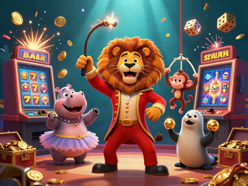 Win79 features a lively casino scene with a lion ringmaster and vibrant games sparking excitement.