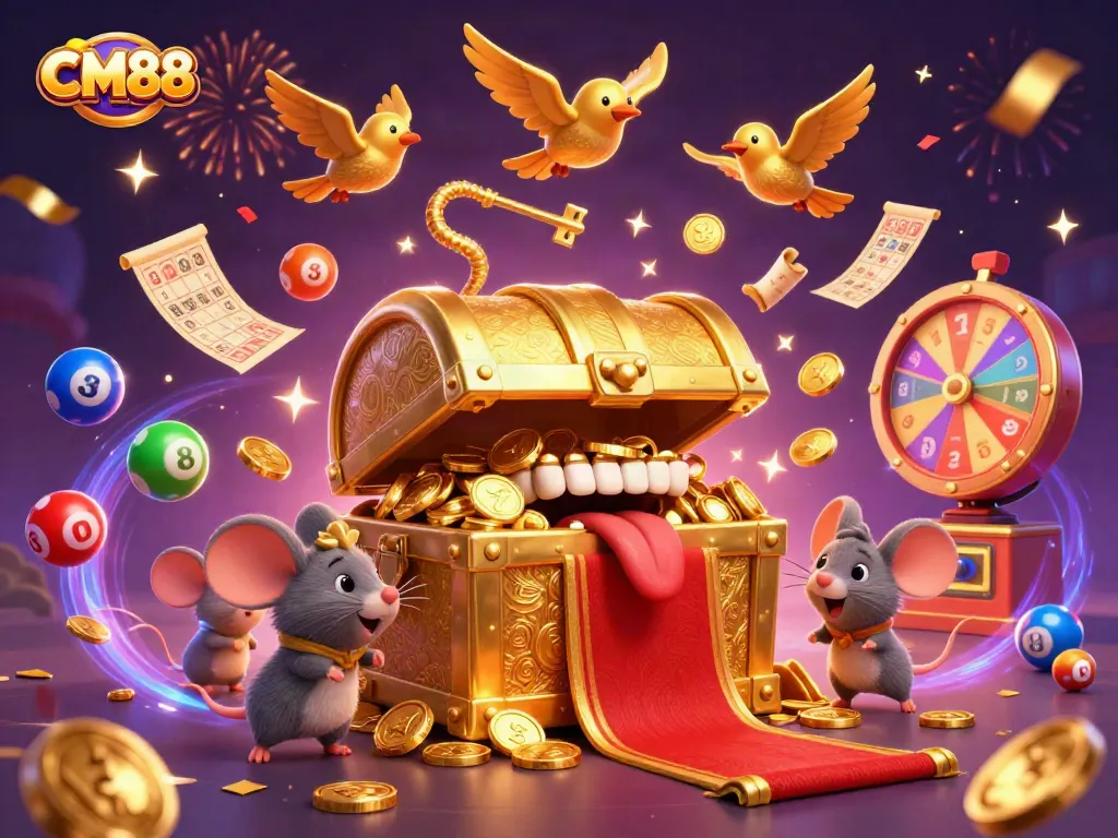 Experience excitement at CM88 with a golden treasure chest, lottery balls, and thrilling casino elements.