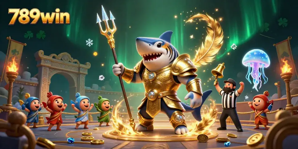 Engage with 789win in a captivating underwater casino showdown with a tiger shark gladiator.