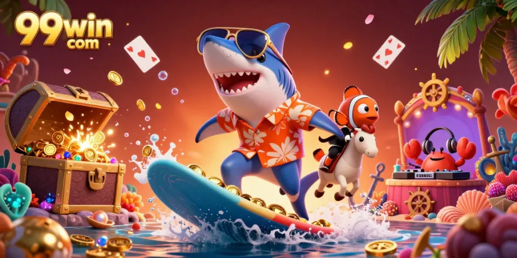 Win big with 99win com in this vibrant underwater casino scene featuring a playful shark, clownfish, and DJ crab.