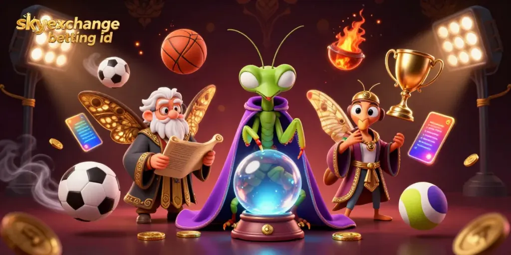 Engage with skyexchange betting id in a vibrant 3D scene featuring a fortune teller, a librarian, and dynamic sports elements.
