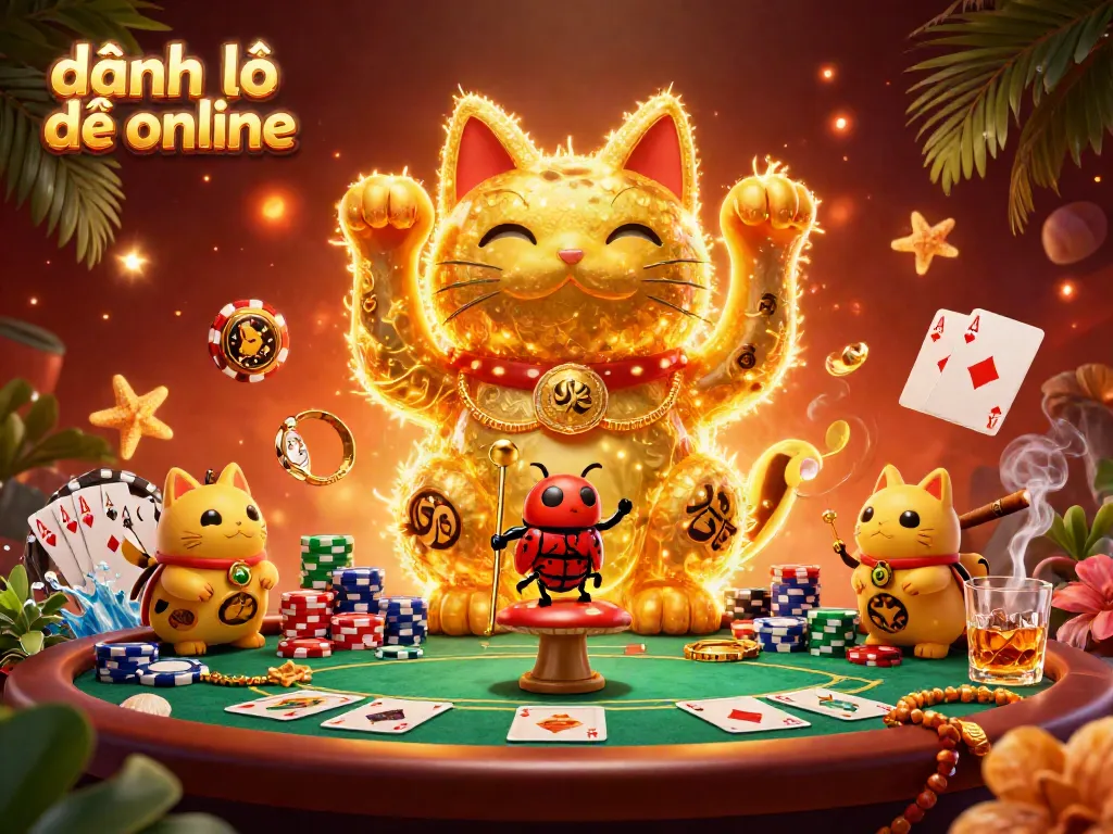 Experience the excitement of đánh lô đề online with a golden lucky cat and dynamic casino elements in this vibrant 3D illustration.