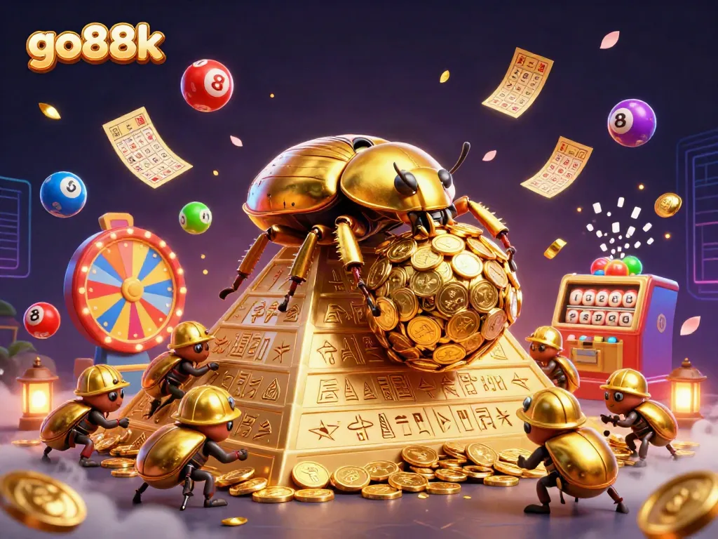 Engage with go88k and win as the golden beetle rolls its treasure in a vibrant casino scene.